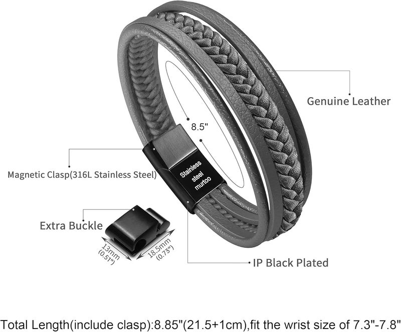 Murtoo Mens Leather Bracelet with Clasp Cowhide Multi-Layer Braided Leather Mens Bracelet - Image 5